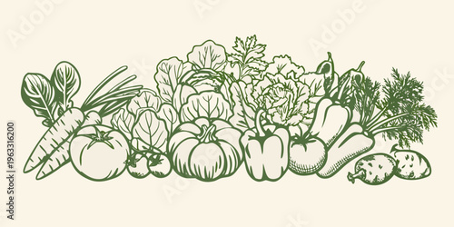 A vintage style illustration of various fresh vegetables and produce