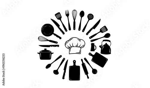 Kitchen utensil silhouette collection with chef hat hand drawn cooking icons vector for restaurant branding design