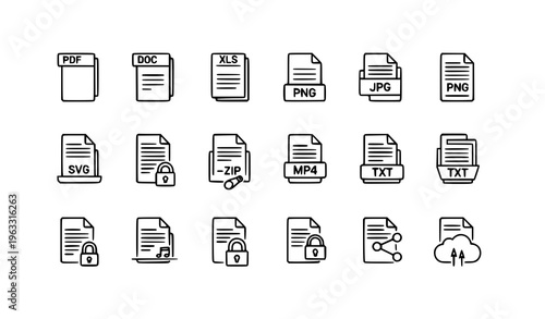 Modern file document icon set with minimal outline design sleek vector collection for web and mobile interface