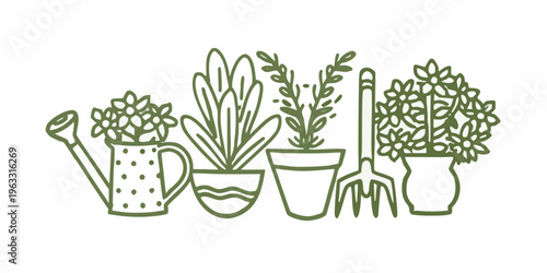 A simple green line drawing of gardening tools and potted plants