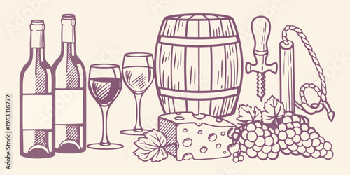 A vintage illustration depicting wine cheese and associated implements