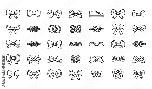 Decorative bows and knots thin line icon set with ribbon and rope tie elements minimal outline vector collection