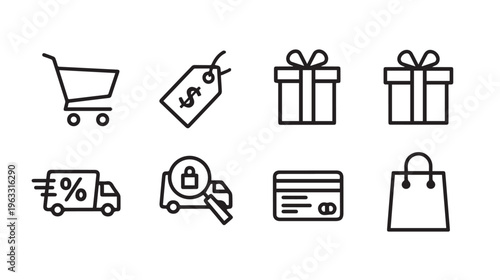 E-commerce Icons: Shopping Cart Tag Gifts Delivery Truck Credit Card Bag