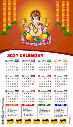 Ganesh Chaturthi Calendar 2027 Lord Ganesha with Marigold Garland Hindu Festival Vector