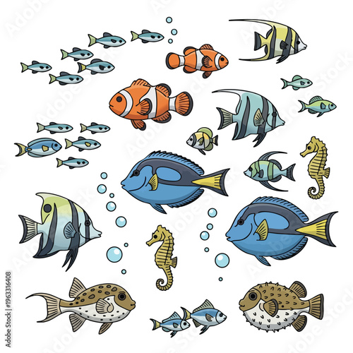 Diverse school of colorful ocean fish, seahorses, and bubbles scattered