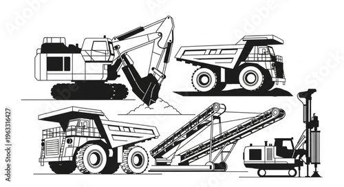 Heavy Mining Equipment - Excavator, Dump Trucks, Conveyor, and Drilling Rig.