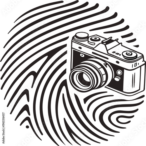 A geometric vector illustration of a black spiral camera icon designed with optical illusion lines and a circular tunnel pattern to create a sense of motion and hypnotic technology