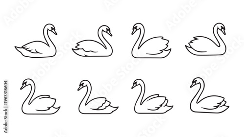 Eight Black and White Swan Icons with Different Poses on White Background