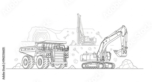 Illustration of heavy machinery at a mining site.