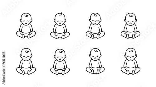 Eight Baby Icons Sitting Zen Style Simple Line Art Minimalist