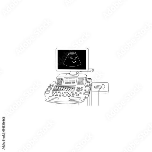Medical ultrasound machine line art with sonogram screen