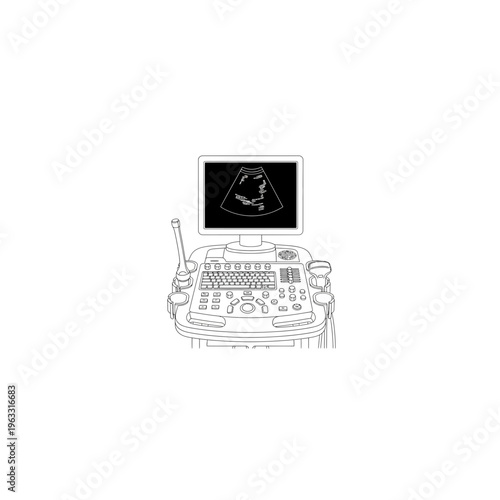 Modern ultrasound machine line art displaying sonogram
