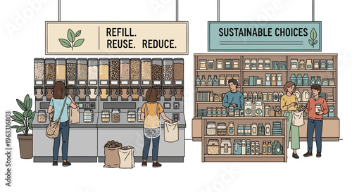 People shopping at a sustainable grocery store with refill stations.