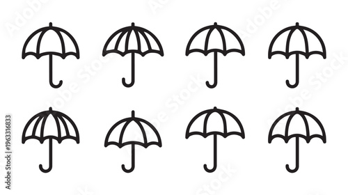 Eight Black Outline Umbrellas Arranged in Two Rows on White Background Simple Icons