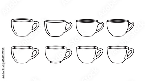 Eight Coffee Cups Arranged in Two Rows Simple Line Art Style Isolated on White