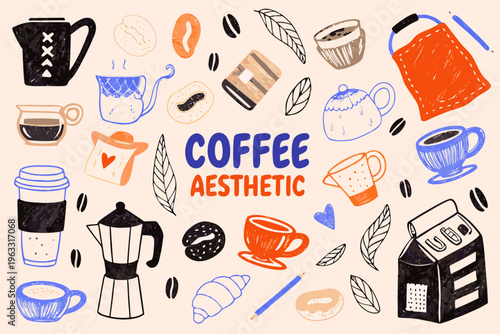 A colorful hand drawn collection of coffee related items and aesthetic elements