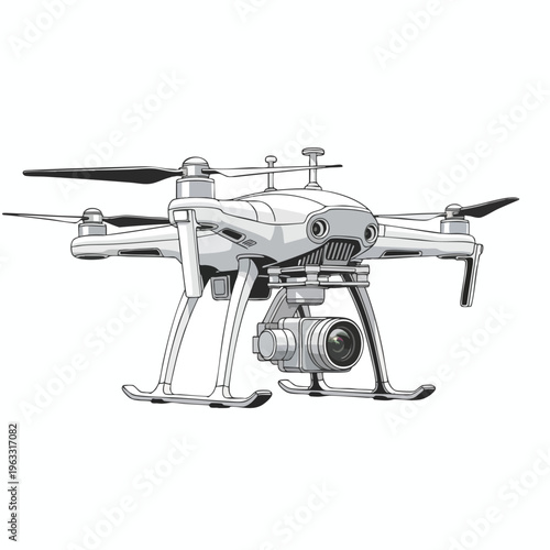 A quadcopter with a gimbal-mounted camera and visible propellers