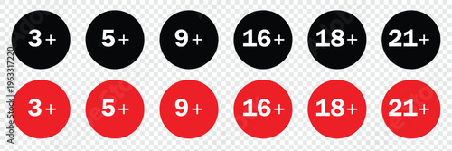 Set isolated age restricted 3, 5, 9, 13, 16, 18, 21 plus yeas old, age restricted under 3, 5, 9, 13, 16, 18, 21 , Perfect for adding clear age restrictions and warnings with stylish, websites, apps . 