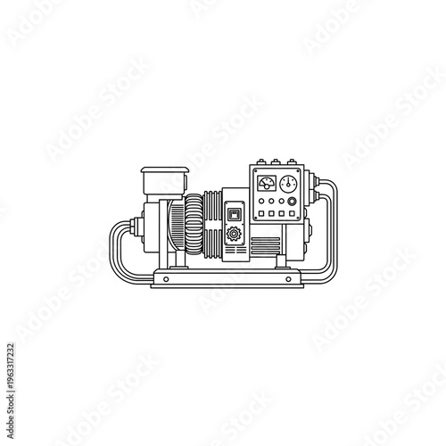 Industrial water pump machine line art technical vector illustration