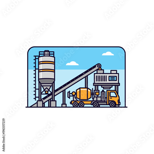Pixel art concrete mixing plant with cement truck illustration
