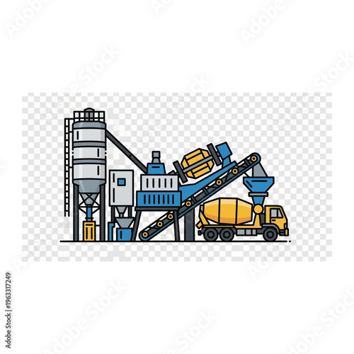Concrete mixing plant with cement mixer truck line illustration