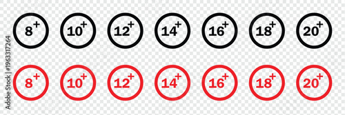 Set isolated age restricted 3, 5, 9, 13, 16, 18, 21 plus yeas old, age restricted under 3, 5, 9, 13, 16, 18, 21 , Perfect for adding clear age restrictions and warnings with stylish, websites, apps . 