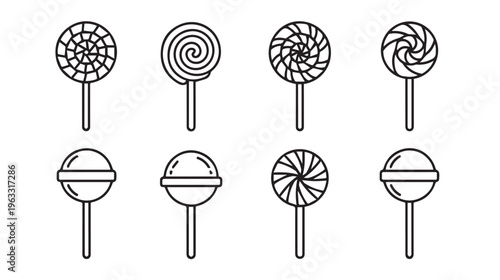 Eight Different Lollipop Icons in Outline Style on White Background