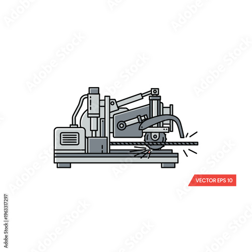 Industrial manufacturing machine grayscale outline vector illustration