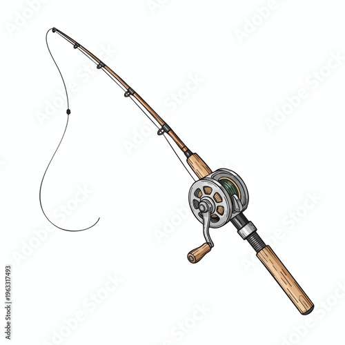 A vintage fishing rod with a reel and a curved line hangs suspended against a white background