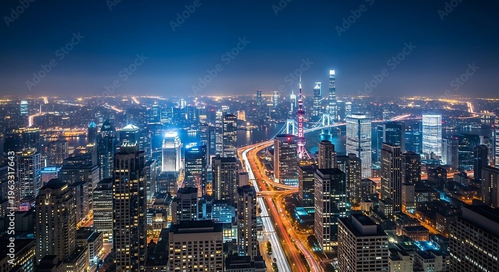 Fototapeta premium Nighttime cityscape with illuminated skyscrapers and vibrant city lights.