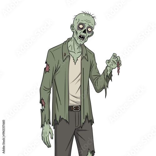 A tattered green jacket and pants adorn a greenish, gaunt figure with a vacant stare