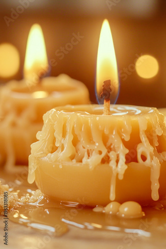 A group of candles sitting on a table with soft glow