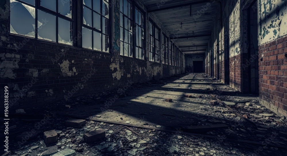 Fototapeta premium Long, decaying hallway in a derelict building with broken windows