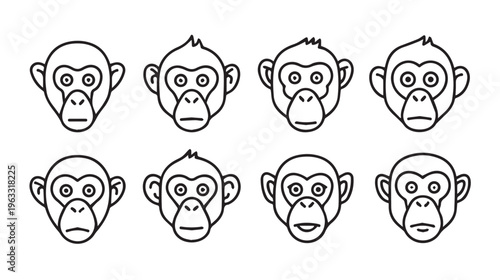 Eight Monkey Faces Icons Set Various Expressions Simple Line Art Isolated