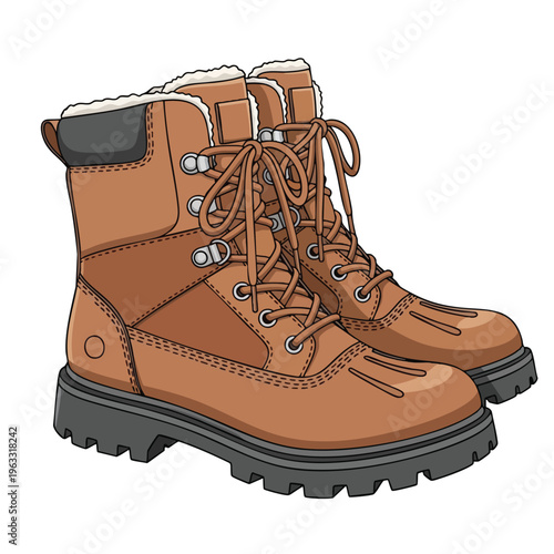 Two tan work boots with fluffy lining and thick soles