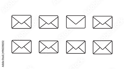 Eight Outline Icons of Envelopes Arranged in Two Rows on White Background