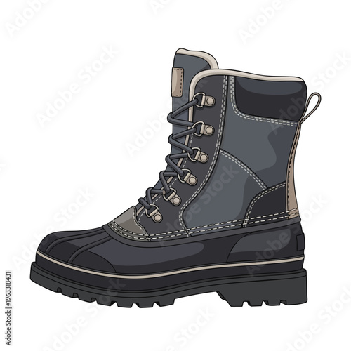 A detailed, insulated winter boot with rugged tread, laced up tightly