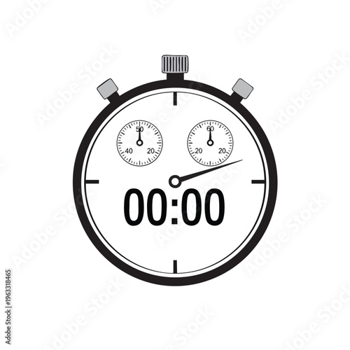 Monochrome stopwatch showing 0000 on the main dial with two smaller sub-dials