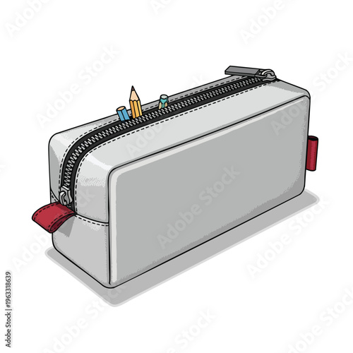 A gray pencil case with a zipper and red tabs, holding pencils and markers