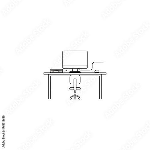 Line art computer workspace desk with office chair minimalist icon