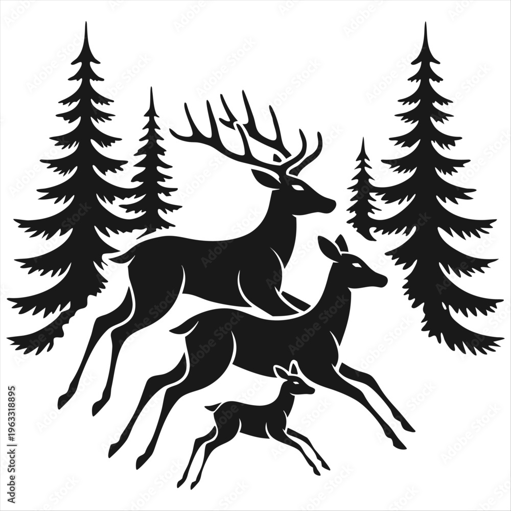 Fototapeta premium Black silhouette of deer family with baby and forest fir trees wildlife adventure