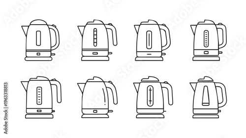 Electric Kettle Collection Various Designs Outline Icons Set Kitchen Appliances