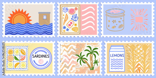 A collection of six colorful postage stamps with various illustrated designs