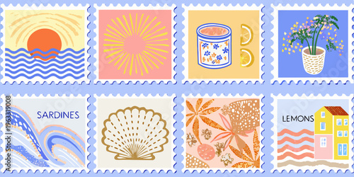 A collection of illustrated postage stamps featuring summery vibrant designs