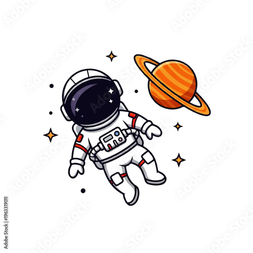 Vector flat design illustration of a cute astronaut floating in space near a stylized planet with rings and stars