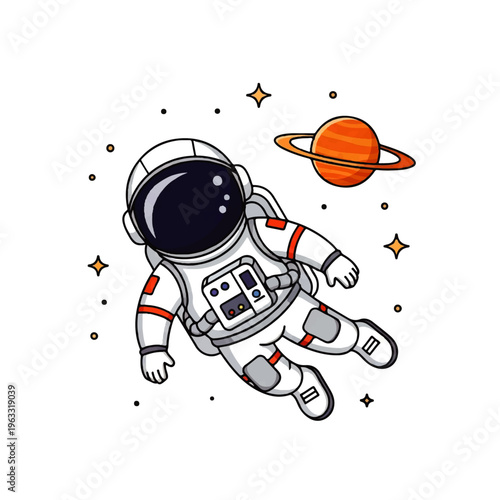 Vector flat design illustration of an astronaut floating in space near a ringed planet with stars