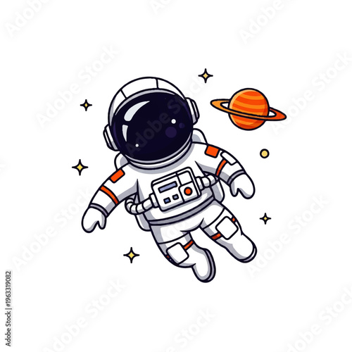 Vector flat design illustration of a cute astronaut floating in space near a planet with stars