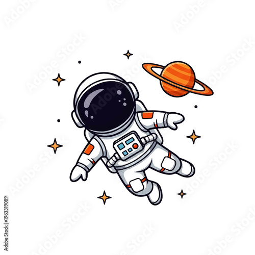 Vector flat design illustration of a cute astronaut floating in space near a ringed planet with stars