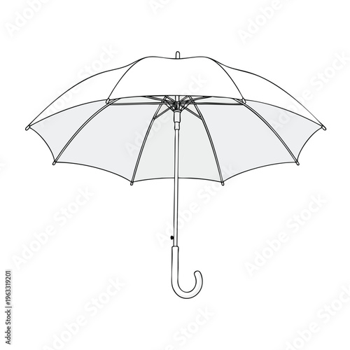 Outline sketch of an open umbrella with a curved handle, on a white background