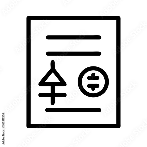 Minimalist document icon with mathematical symbols, black line art paper sheet vector, technical report and calculation data illustration